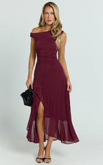 Judee Midi Dress - One Shoulder High Side Split Dress in Wine