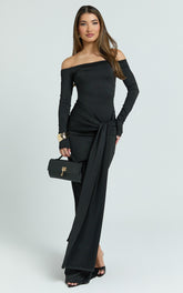Judith Maxi Dress - Boat Neck Backless Tie Front Long Sleeve Jersey Dress in Black