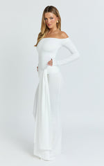 Judith Maxi Dress - Boat Neck Backless Tie Front Long Sleeve Jersey Dress in Cream