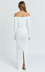 Judith Maxi Dress - Boat Neck Backless Tie Front Long Sleeve Jersey Dress in Cream