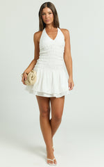 Judith Mini Dress - Shirred Halter Dress in White