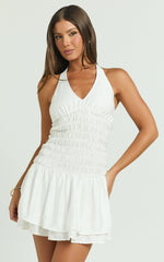 Judith Mini Dress - Shirred Halter Dress in White