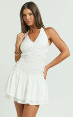 Judith Mini Dress - Shirred Halter Dress in White