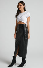 Jules Midi Skirt - Faux Leather High Waisted Front Split Midi Skirt in Black