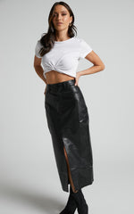 Jules Midi Skirt - Faux Leather High Waisted Front Split Midi Skirt in Black