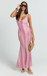 Julia Maxi Dress - Scoop Neck Low Back Bodycon Dress in Bright Pink