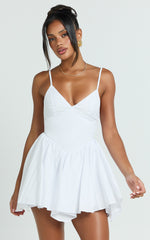 Julie Mini Dress - V Neck Drop V Waist Pleated Dress in White