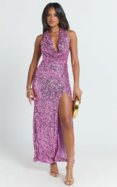 Julien Maxi Dress - Backless Cowl Plunge Neck High Split Sequin Dress in Pink