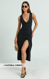 Juliet Midi Dress - Button Through V Neck Dress in Black