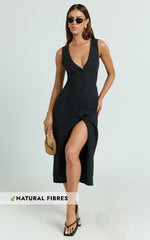 Juliet Midi Dress - Button Through V Neck Dress in Black