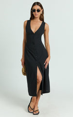 Juliet Midi Dress - Button Through V Neck Dress in Black