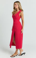Juliet Midi Dress - Button Through V Neck Dress in Red
