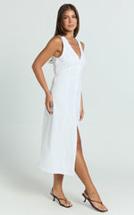 Juliet Midi Dress - Button Through V Neck Dress in White