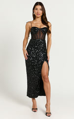 Juliet Midi Dress - Sequin Bustier Shoulder Tie Thigh Split Dress in Black