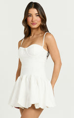 Kacey Mini Dress - Textured Drop Waist Bubble Hem Dress in Off White