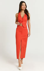 Kai Midi Skirt - Mid Waisted Front Split Fitted Skirt in Orange