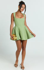 Kailee Mini Dress - Wide Strap Square Neck Fit And Flare Tulip Dress in Sage