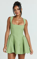 Kailee Mini Dress - Wide Strap Square Neck Fit And Flare Tulip Dress in Sage