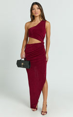 Kala Midi Dress - One Shoulder Cut Out Side Split Dress in Wine