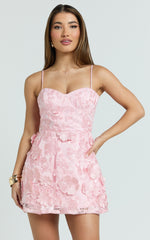Kala Mini Dress - 3D Floral A Line Dress in Pink