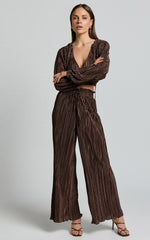 Kallie Pants - High Waist Drawstring Plisse Pants in Chocolate