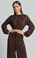 Kallie Top - Tie Back Plisse Long Sleeve Crop Top in Chocolate