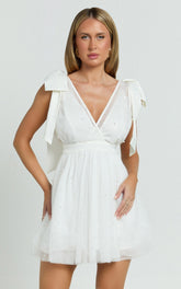 Karalyn Mini Dress - Bow Strap Plunge Pearl Detail Dress in White