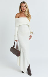 Karina Midi Dress - Long Sleeve Folded Off Shoulder Asymmetric Dress in Cream