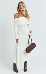 Karina Midi Dress - Long Sleeve Folded Off Shoulder Asymmetric Dress in Cream