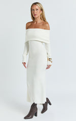 Karina Midi Dress - Long Sleeve Folded Off Shoulder Asymmetric Dress in Cream