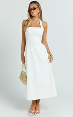 Karissa Midi Dress - Halter Neck Fitted Bodice Midi Soft A Line Skirt Dress in White