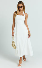 Karissa Midi Dress - Halter Neck Fitted Bodice Midi Soft A Line Skirt Dress in White