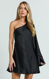 Karla Mini Dress - One Shoulder Long Sleeve Dress in Black