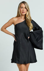 Karla Mini Dress - One Shoulder Long Sleeve Dress in Black