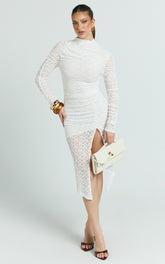 Karlene Midi Dress - Stretch Lace Long Sleeve Ruched Split Hem Dress in Ivory