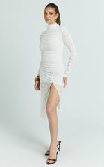 Karlene Midi Dress - Stretch Lace Long Sleeve Ruched Split Hem Dress in Ivory