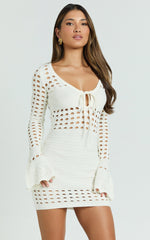 Karly Mini Dress - Crochet Knit Long Sleeve Dress in Ivory