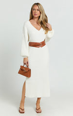 Kartia Midi Dress - V Neck Knit Dress in Off White