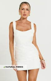 Kat Mini Dress - Linen Square Neck Dress in Off White