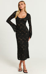 Kathy Midi Dress - Scoop Neck Long Sleeve Jacquard Textured Dress in Black