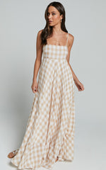 Katrien Maxi Dress - Strappy Empire Waist Flare Dress in Beige and White Check