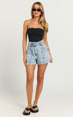 Kayla Shorts - High Waisted A Line Denim Shorts in Light Blue Wash