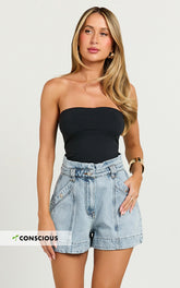 Kayla Shorts - High Waisted A Line Denim Shorts in Light Blue Wash