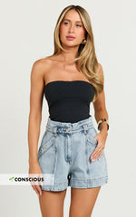 Kayla Shorts - High Waisted A Line Denim Shorts in Light Blue Wash