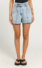 Kayla Shorts - High Waisted A Line Denim Shorts in Light Blue Wash