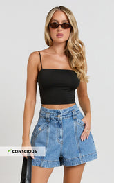 Kayla Shorts - High Waisted A Line Denim Shorts in Mid Blue Wash