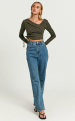 Keisha Top - Asymmetrical Long Sleeve Drawstring Top in Dark Olive