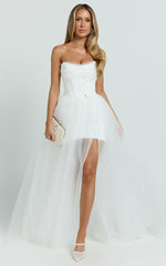 Kelsey Mini Dress - Beaded Strapless Corset Panel Dress with Detachable Tulle Skirt in White