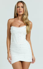 Kelsey Mini Dress - Beaded Strapless Corset Panel Dress with Detachable Tulle Skirt in White