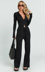 Kelsey Top - Button Through Long Sleeve Knitted Top in Black